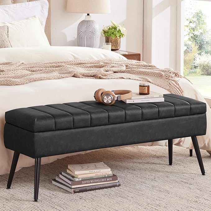 CUYOCA Storage Ottoman Bench, 43.5" Faux Leather Upholstered Entryway Bench, Long Ottoman with Storage for Living Room, Support 660lbs - Black