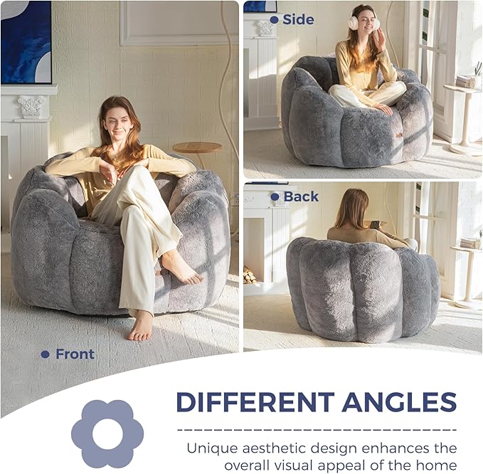 MAXYOYO Bean Bag Chair for Adults, Floral Shaped Bean Bag Sofa, Ultra Soft Faux Fur Floor Sofa, Large Reading Chair for Living Room Bedroom, Dark Grey, Single