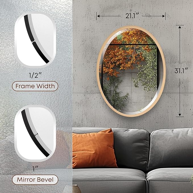 OVALCREST - Oval Wooden Beveled Wall Mirror for Home Decor, Bathroom, Vanity, Bedroom, Living Room, Hallway - London Style (Gold Paint) 21.1 x 31.1