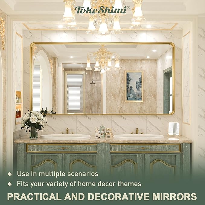 TokeShimi 72x36 Inch Gold Bathroom Vanity Mirror for Wall Rectangle Mirror with Non-Rusting Aluminum Alloy Brushed Matte Metal Frame for Modern Minimalist Farmhouse Home Decor (Horizontal/Vertical)