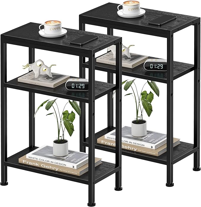 Narrow Side Table for Small Space Set of 2,3-Tier Small End Table with Shelf Holder, Slim Nightstand, Skinny Snack Couch Table in Living Room, Bedroom, Study, Kitchen and Balcony（Black