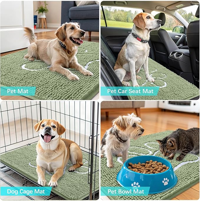 OLANLY Door Mat for Muddy Dog Paws 47x32, Ultra Absorbent Chenille Mud Doormat with Paw Print Design, Non-Slip Washable Doormat for Indoor Entryway, Quick-Dry Pet Bed Mats for Dirty Dogs, Sage Green
