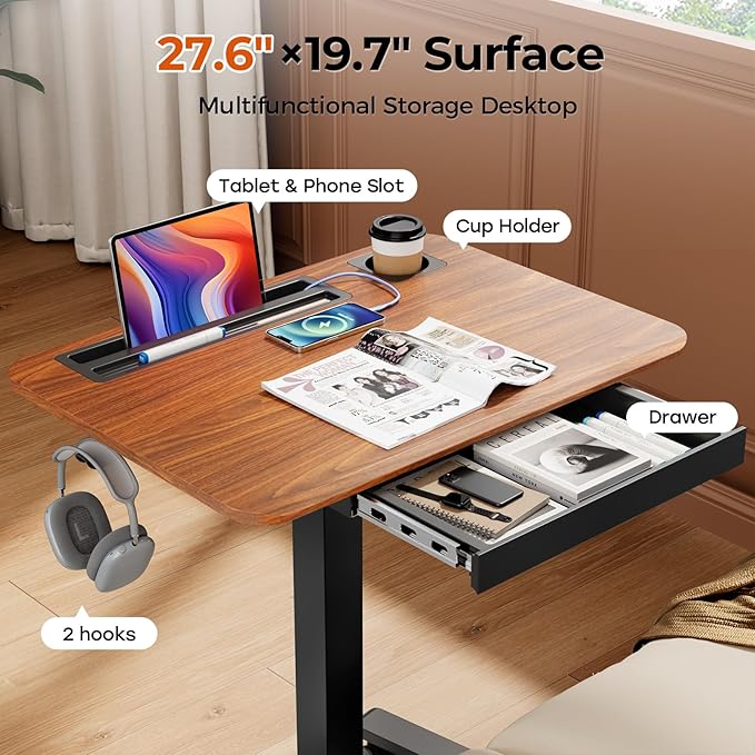 Mobile Standing Desk with Drawer, 28" Rolling Desk with Cup Holder and Hooks, Portable Laptop Workstation on Wheels, Height Adjustable Cart with Storage for Home Office, Dark Wood