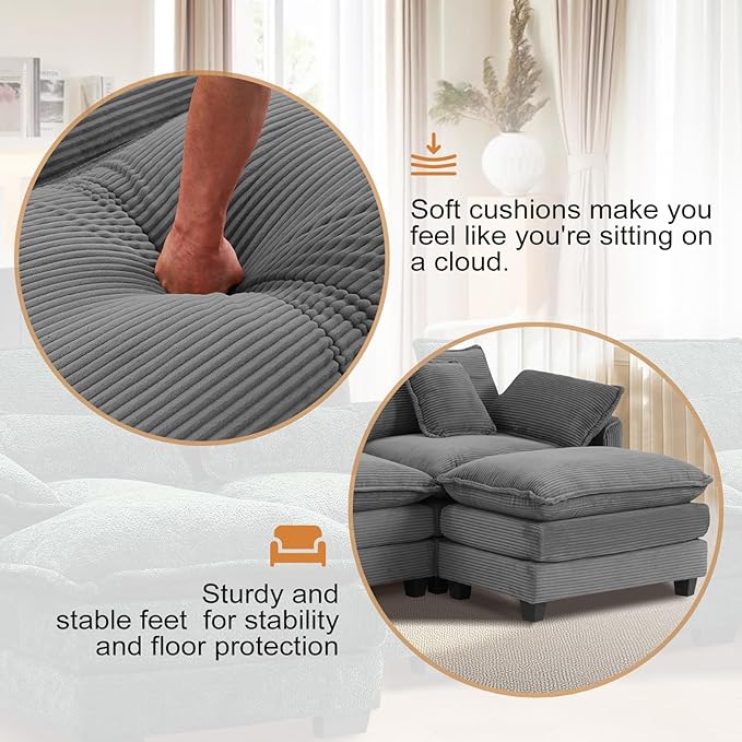 Furniliving Oversized Accent Chair with Ottoman, Luxury Corduroy Single Sofa, Upholstered Deep Seat Chaise Lounge with Pillows for Living Room, Bedroom, Apartment, Grey