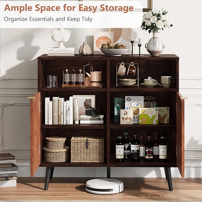 GarveeHome Buffet Cabinet with Drawers, 31.5'' Large Sideboard Buffet Credenza Storage Cabinet with Shelves and Doors, Coffee Station Cabinet with Metal Handle, Robot Vacuum Friendly (Walnut)