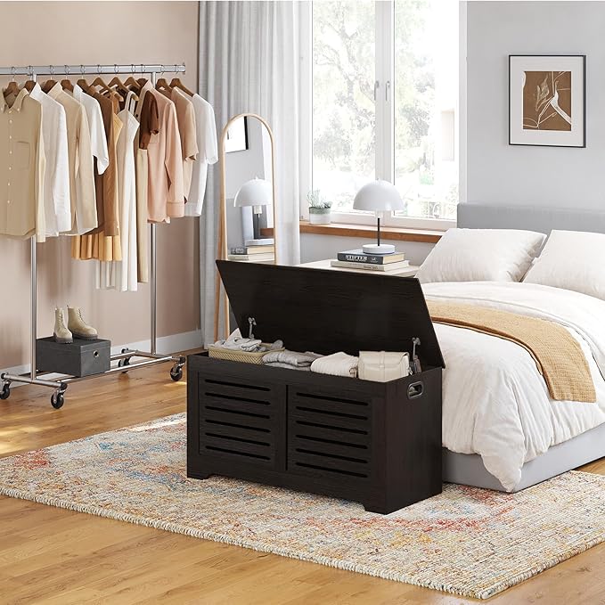 DINZI LVJ Storage Chest, Flip-Top Wooden Toy Box with 2 Safety Hinges, Retro Entryway Shoe Bench, Sturdy Large Storage Trunk for Living Room, Bedroom, Toddler Room, Easy Assembly, Espresso