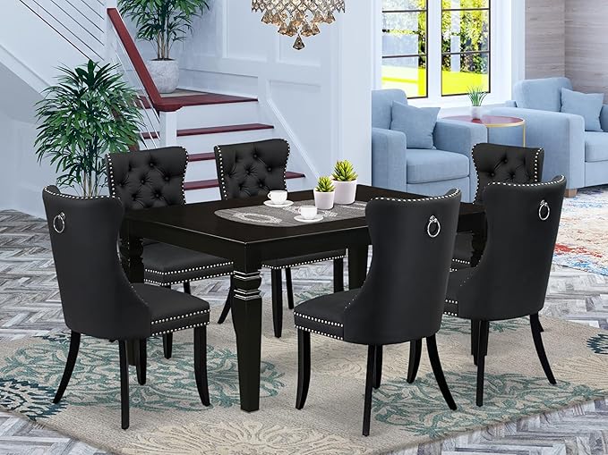 East West Furniture LGDA7-BLK-12 7 Piece Dinette Set Contains a Rectangle Kitchen Table with Butterfly Leaf and 6 Polyester Fabric Parson Dining Chairs, 42x84 Inch, Black