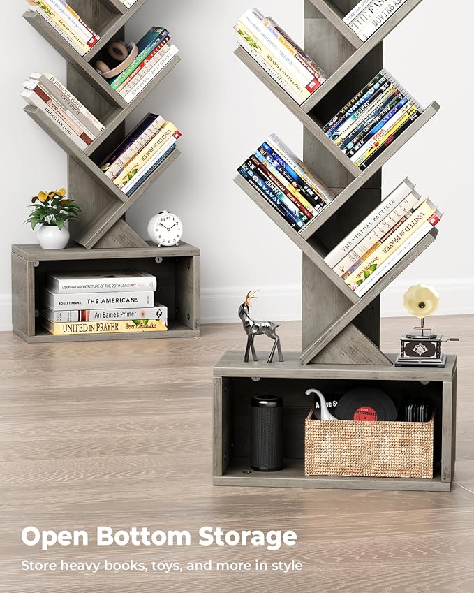 6 Tier Tree Bookshelf with Light, Narrow Bookcase Tower, Tall Floor Standing Book Shelf Organizer with Storage Cabinet for Living Room, Bedroom and Home Office, Gray