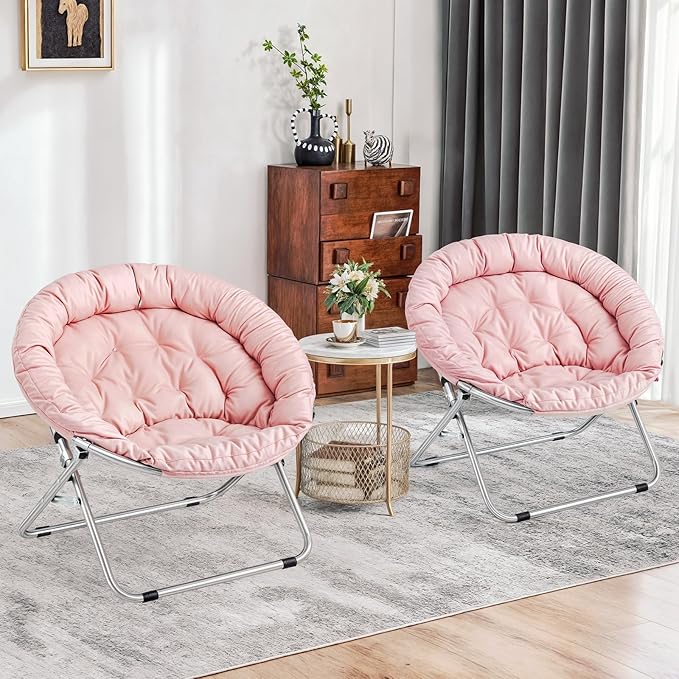 MoNiBloom Round Folding Saucer Chairs Set of 2 for Bedroom Living Room Dorm Foldable Metal Frame Comfy Soft Lounge Lazy Cozy Moon Chairs for Teens (Pink)