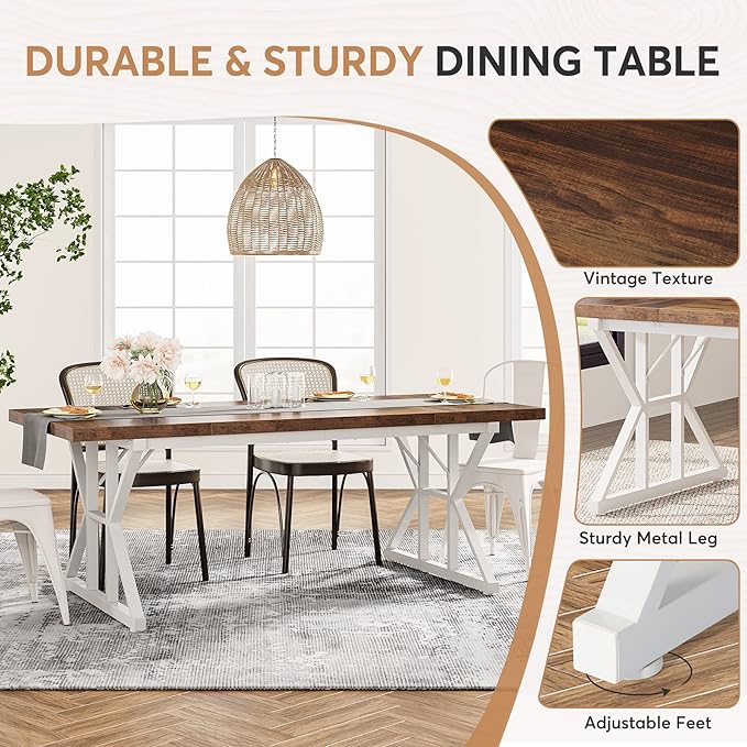 Tribesigns Farmhouse Dining Table for 6 People, 70.8-Inch Rectangular Wood Dining Table, Rustic Kitchen Table with Heavy Duty Metal Legs for Dining Room (Brown/White)