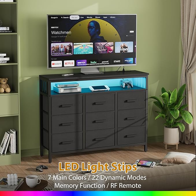 9 Drawer Dresser TV Stand with LED Lights & Power Outlets, Entertainment Center with Open Shelf, Media Console for 50” TV, Large Storage Dresser for Bedroom (Black)