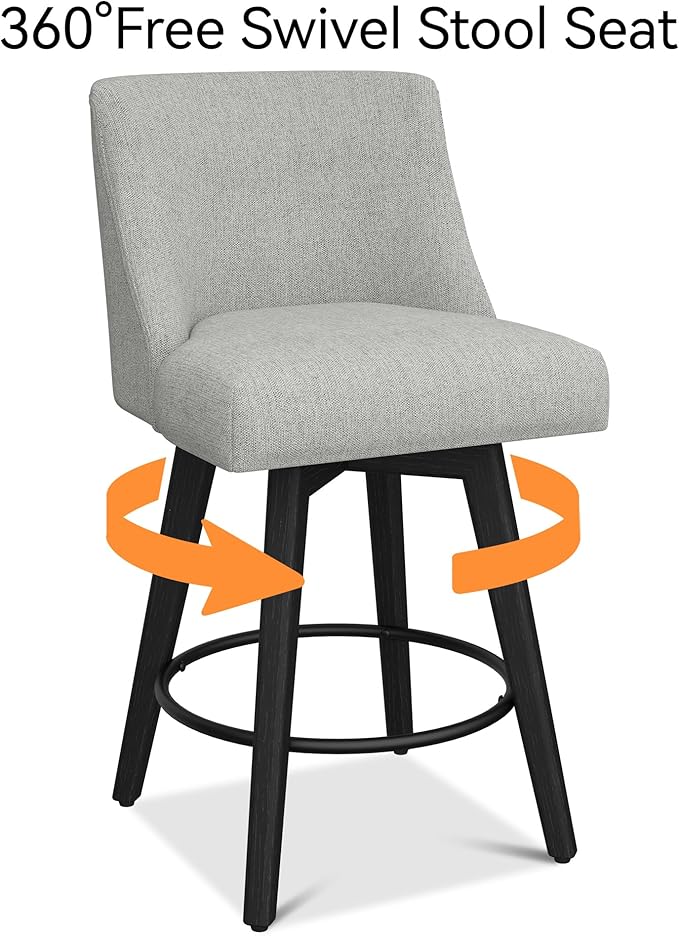 Counter Height Bar Stools Set of 6, Modern Swivel Barstools with Back and Wood Legs, Linen Fabric Upholstered Bar Chairs, 26" H Kitchen Counter Stools, Kitchen Island Home Bar, Light Grey