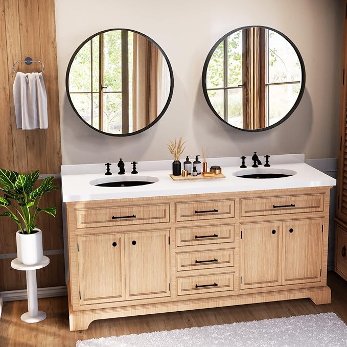 HOMECOOKIN Wood Round Wall Mirror, Large Circle Rustic Accent Decor Mirror, Hanging Bathroom with Frame for Living Room, Bedroom, Entryway, 24 inch, Black