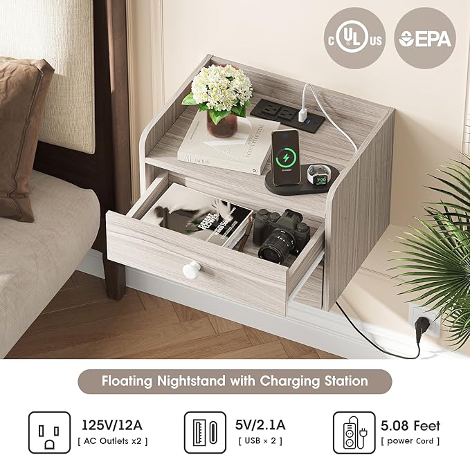 Floating Nightstand Set of 2 with 2 Storage Drawers and Charging Station Wood Wall Mounted Bedside End Table Modern Night Stands Set 2 for Bedroom,Small Space,Grey