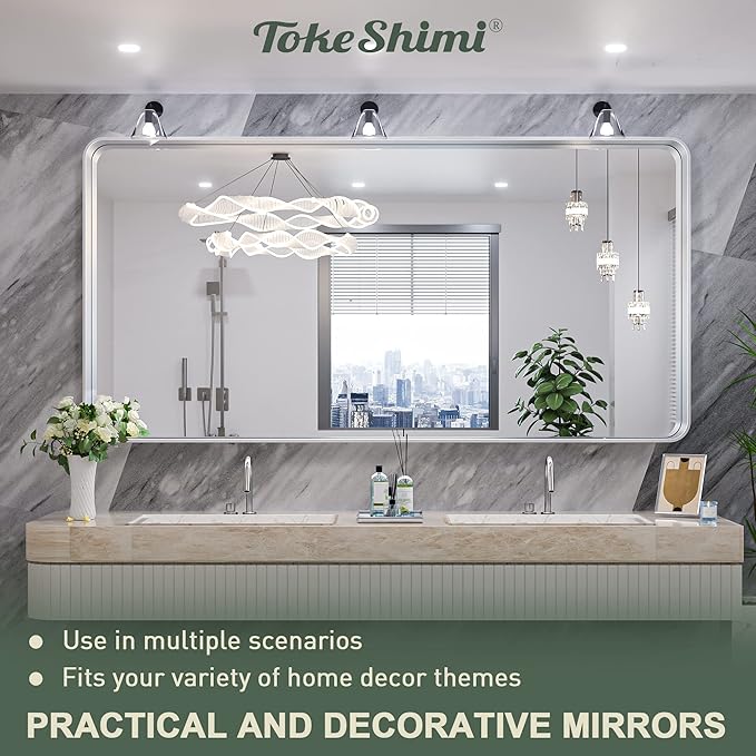 TokeShimi 72 x 36 Inch Brushed Silver Mirror Wall Mirror for Bathroom Black Metal Frame Decorative Rectangular Wall Mounted Home Decor Corner Hangs (Horizontal/Vertical)