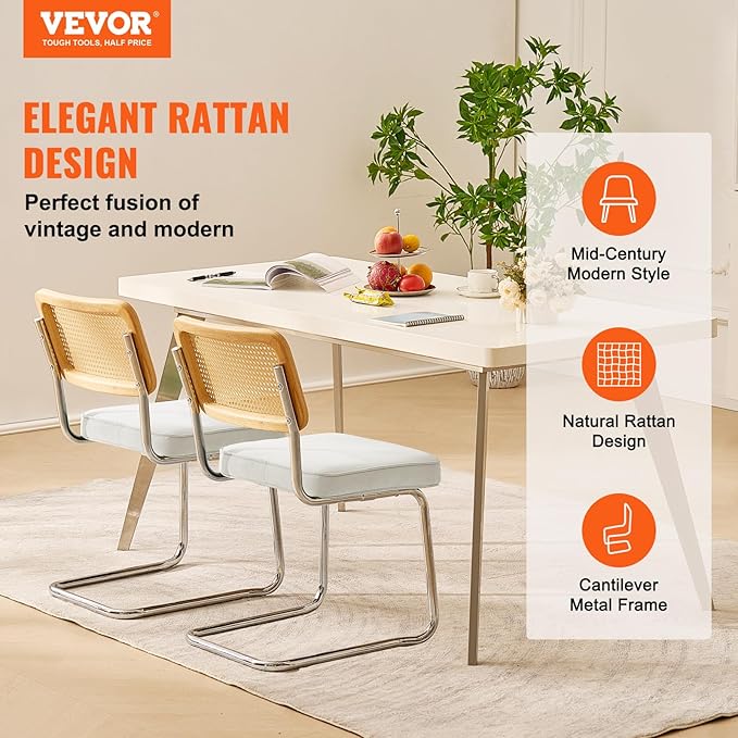 VEVOR Rattan Chairs Set of 2, Mid Century Modern Dining Chair, Upholstered Velvet Accent Chair with Rattan Back, Retro Kitchen Chair for Living Room, Bedroom (18.1 Inch)