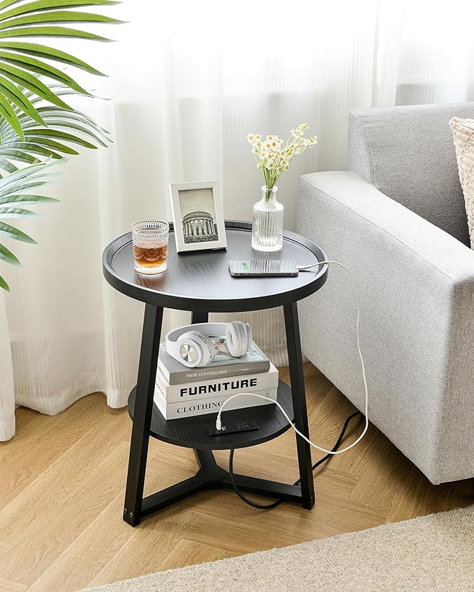 Round End Table with Charging Station, 19.7" Dia x 23.63" H, Side Table with Storage Shelf, Accent Table, for Living Room, Bedroom, Small Spaces, Metal Frame, Industrial Style (Black)