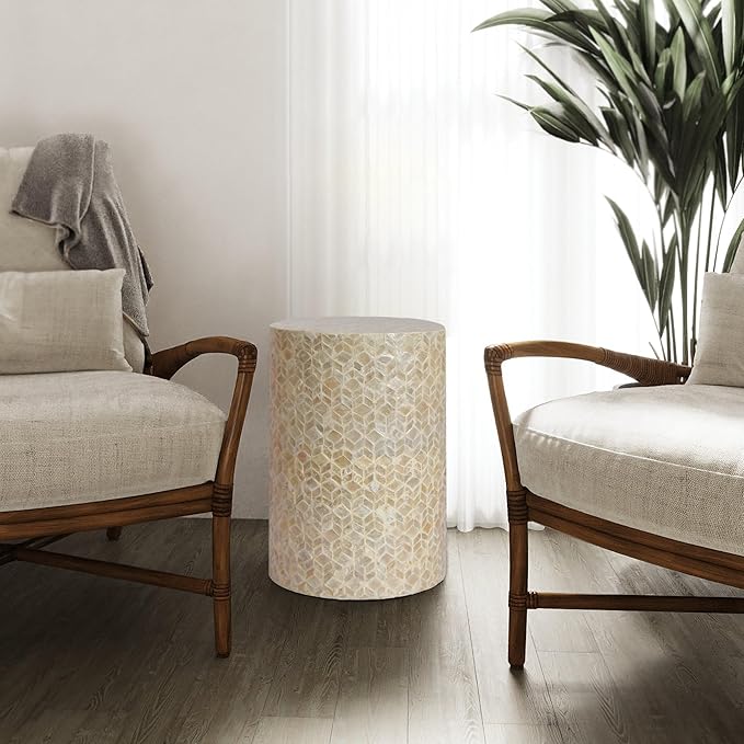 PEMAR Capiz Shell Cylinder Drum End Table Nacre Side Table Stool Round Drum Accent Coffee Bedside Nightstand and Vanity Stool (White Cream)