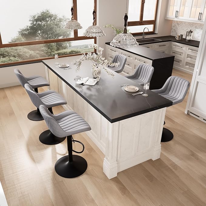 YOUNIKE Grey Bar Stools Set of 2 Kitchen Counter Height Barstools with Backs Modern Swivel Faux Leather Padded Bar Chairs Tall Adjustable Stools for Breakfast Island