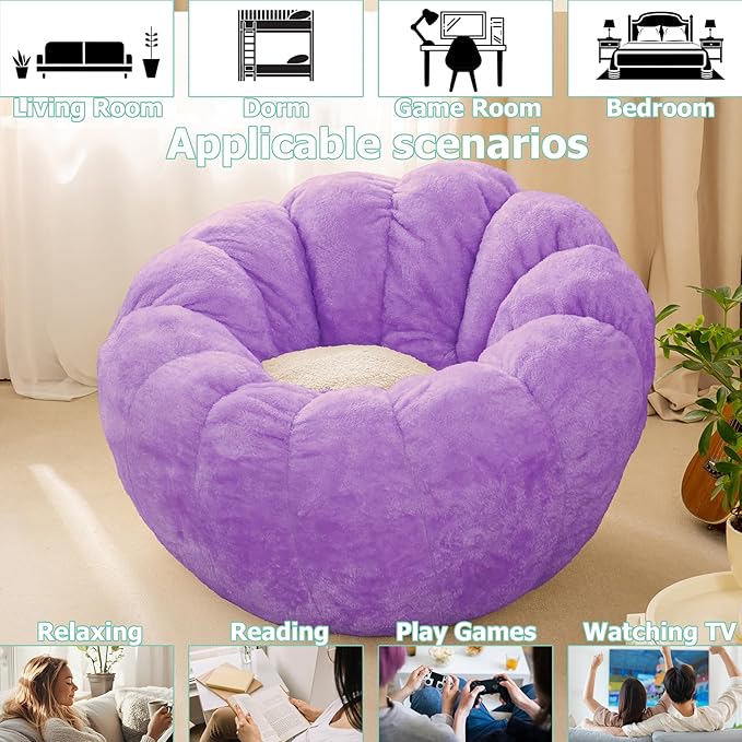 Pumpkin Bean Bag Sofa Chair for Adult, Beanbag Couch with Filler for Reading and Relaxation, Comfy and Lazy Sofa for Dorm, Apartment, Living Room and Bedroom, Violet