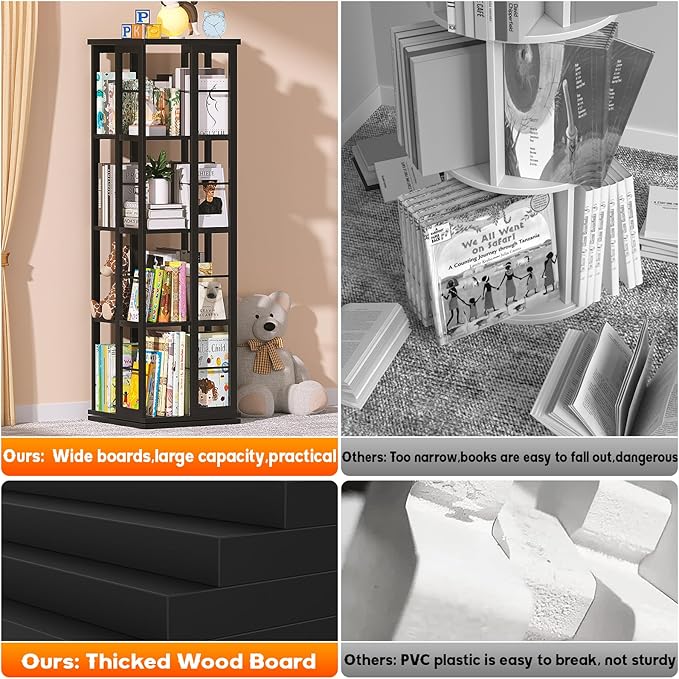 Aheaplus Rotating Bookshelf, 360 Display Wood Spinning Bookshelf, Floor Standing Bookcase Narrow Shelf Revolving Organizer Storage Rack for Small Space, Bedroom, Study Room, Black