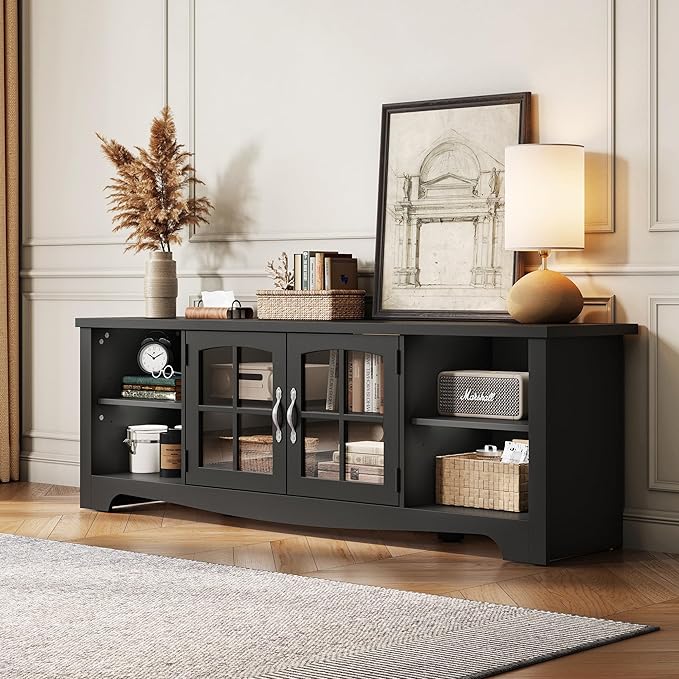 LINSY HOME TV Stand for 75 Inch TV, Modern Farmhouse Entertainment Center with Storage Cabinets and Glass Doors, Tall Media Console Table for Living Room, Bedroom, Large Long Television Stand, Black