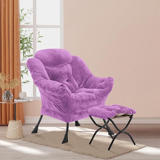 Lazy Chair with Folding Ottoman, Accent Chair Plush Upholstered with Metal Structure and Non-Slip Pads, Sofa Armchair with Footrest and Side Storage Bag for Dorm, Room, Office, Purple