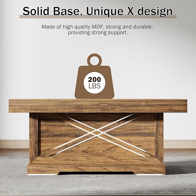 Coffee Table 39 in Rustic Center Table with X-Design Wooden Pedestal for Living Room, Space Saving, Easy Assembly Rectangle Home Office Tea Accent Table for Dining Room Apartment, Walnut