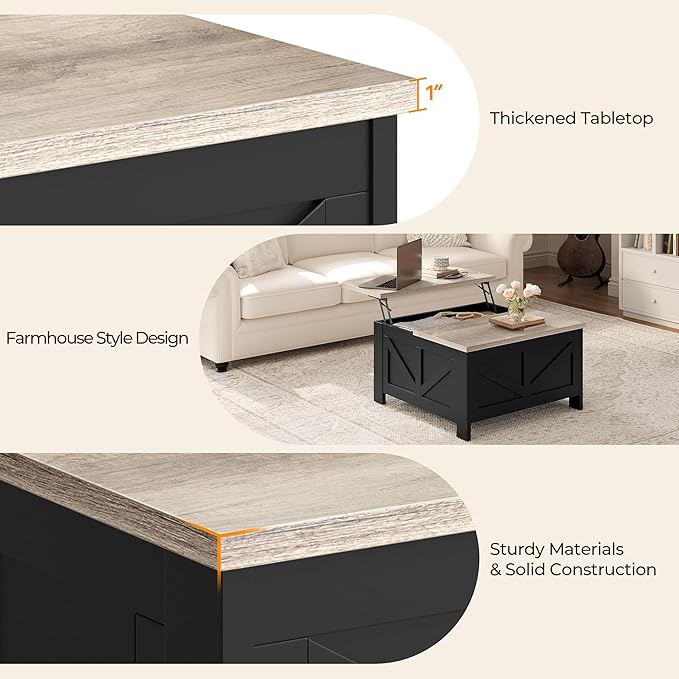 Yaheetech Lift Top Coffee Table with Storage, Square Coffee Table for Living Room, 31.5 Inches Center Tables with Large Hidden Storage Compartment for Home Office, Black&Gray