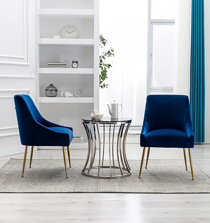 Velvet Dining Chairs Set of 2, Furniture Collection Modern Contemporary Upholstered with Polished Gold Metal Legs(Blue)