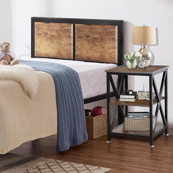 Square End Table with Storage Shelf, 16" D X 16" W X 24" H, 3-Tier End Table Living Room, Rustic Brown End Tables, X-Shaped Night Stand for Bedroom, Farmhouse Wood End Tables