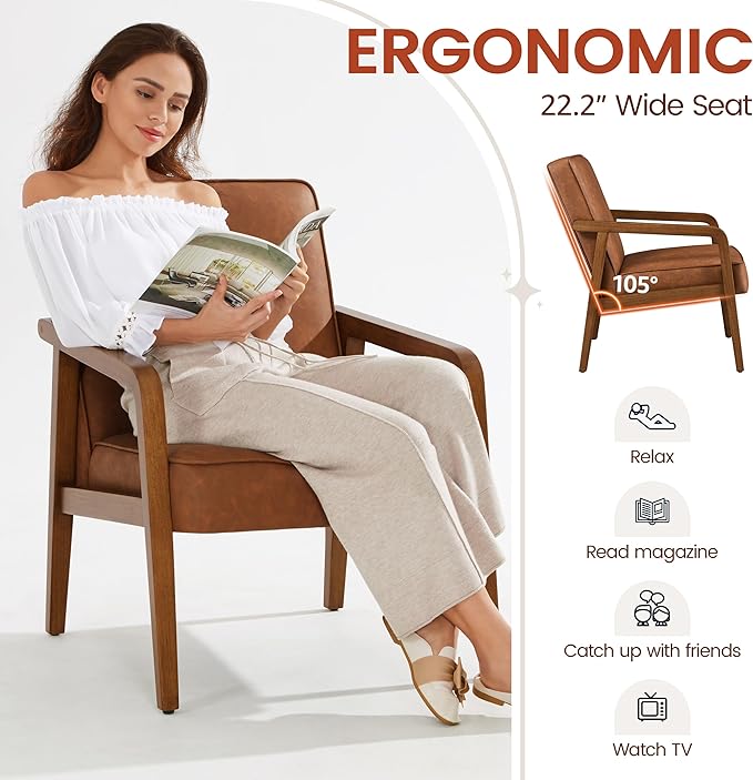 Yaheetech PU Leather Accent Chair, Mid-Century Modern Barrel Chair with Wooden Frame and Soft Thick Padded for Living Room Bedroom Home Office, 2 PCS, Light Brown