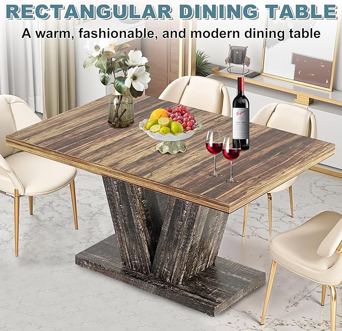 Dining Table for 4-6, 47" Farmhouse Dinner Table with with Wooden Tabletop and Heavy Duty Pedestal Wooden Rectangular Kitchen Tables for Dining Room, Kitchen, Living Room, Brown & Black