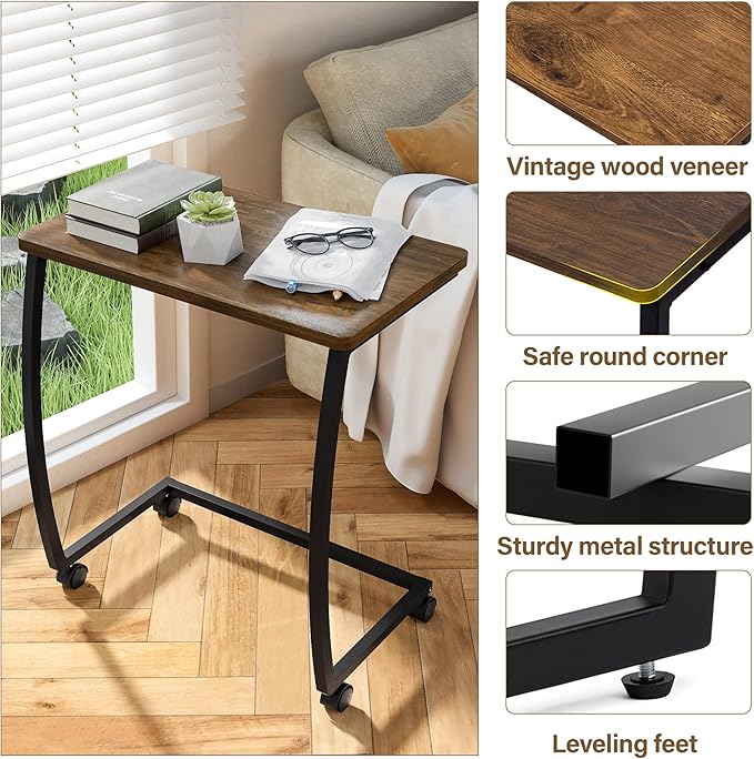 SRIWATANA Side Table, C-Shaped End Table with Rolling Wheels,Rustic Sofa Couch Table for Laptop Coffee Snack, Dark Walnut