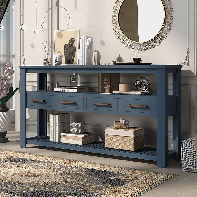 Ball & Cast 62.2“ Contemporary 4 Drawers Console Table, Long Entryway-Table with Drawer & 3 Tier Shelves, FarmhouseWood Storage Sofa Couch-Tables for Entrance Hallway Living, Blue