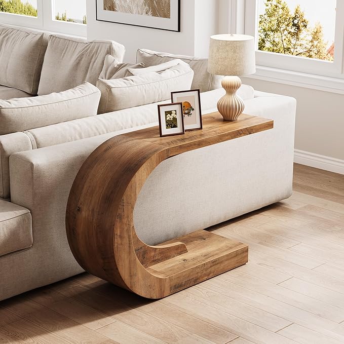 LITTLE TREE 43.3-Inch Farmhouse Console Table, 2-Tier C-Shaped Sofa Table Behind The Couch, Wooden Narrow Entryway Hallway Foyer Table for Living Room, Entrance, Rustic Brown
