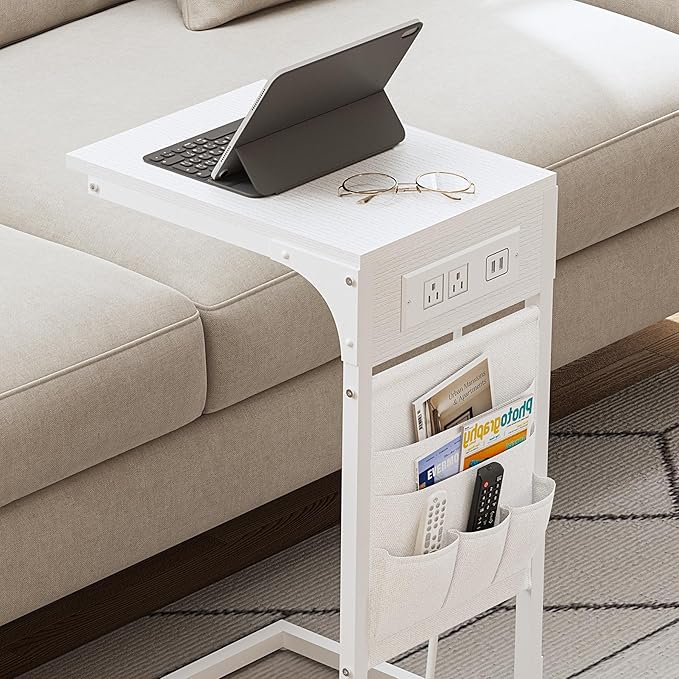 TUTOTAK C Shaped End Table with Charging Station, Side Table for Sofa, Couch Table with Storage Bag, Set of 2, TV Tray Table with 2 USB Ports and Outlets for Living Room, Bedroom, White TB01BW0242