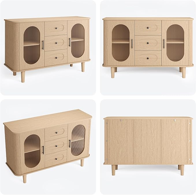 GarveeHome 47.2" Sideboard Buffet Cabinet with 2 Fluted Glass Doors & 3 Drawers, Modern Farmhouse Accent Coffee Bar with Adjustable Shelves for Kitchen, Living Room, Hallway, Natural