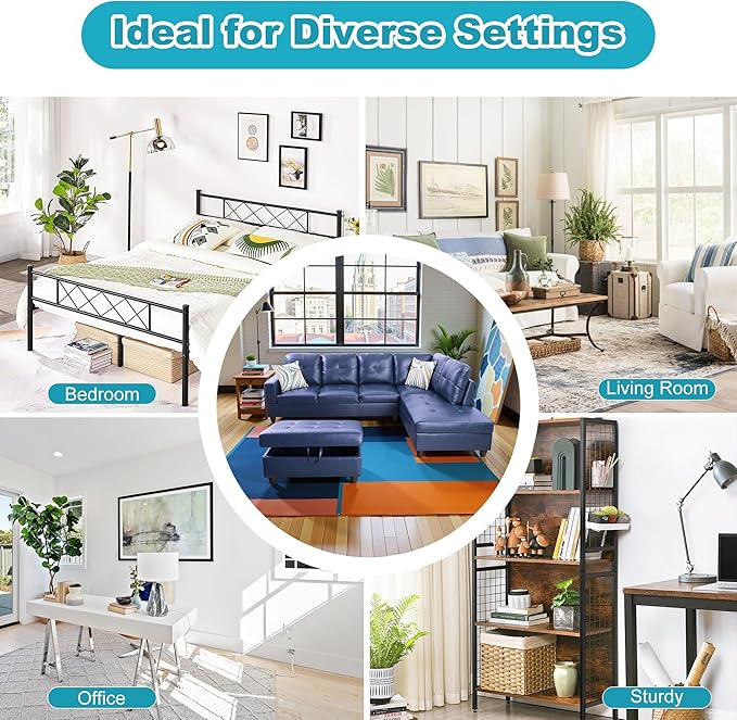 Couches for Living Room PU Leather L Shaped Couch Comfy 3 Pieces Sectional Sofa with Chaise, Ottoman with Storage for Office and Small Apartment, Blue