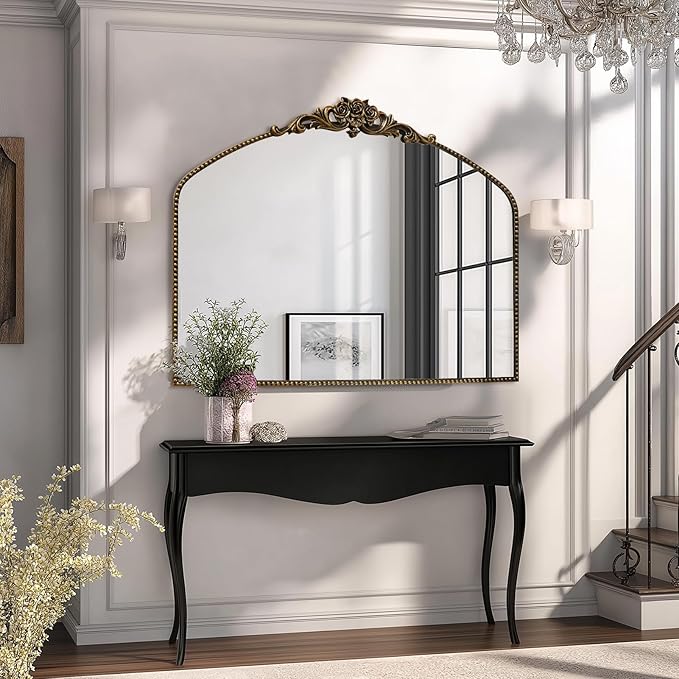 AIXI HOME Black Arched Mirror, 40" x 30" Traditional Vintage Antique Mantel Mirror with Ornate Metal Frame, Baroque Wall Mounted Mirror for Entryway/Fireplace/Hallway/Bathroom/Living Room/Bedroom
