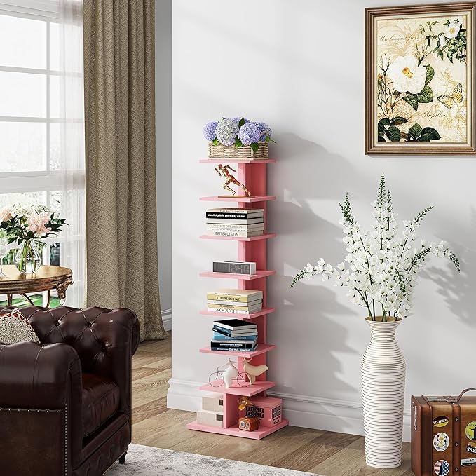 TUTOTAK Bookshelf, 8-Tier Bookcase, Narrow Spine Book Shelf for Small Space, Corner Standing Shelf for Living Room, Office, Study, Entryway, Pink BS06BP008