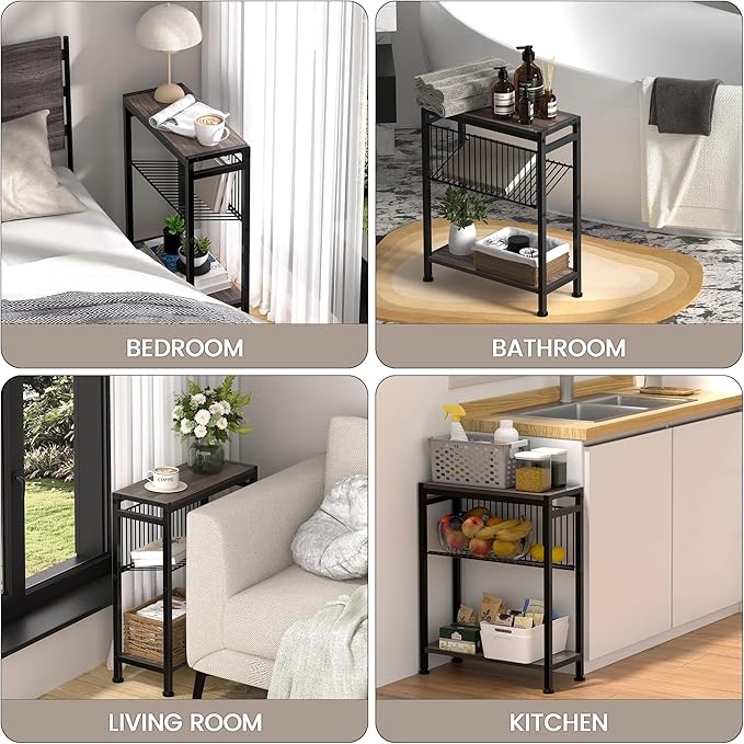 Side Table for Small Space, 3-Tier Narrow End Tablewith Magazine Holder,Slim Nightstand, Skinny Snack Couch Table in Living Room, Bedroom Study and Balcony(Ash Brown)