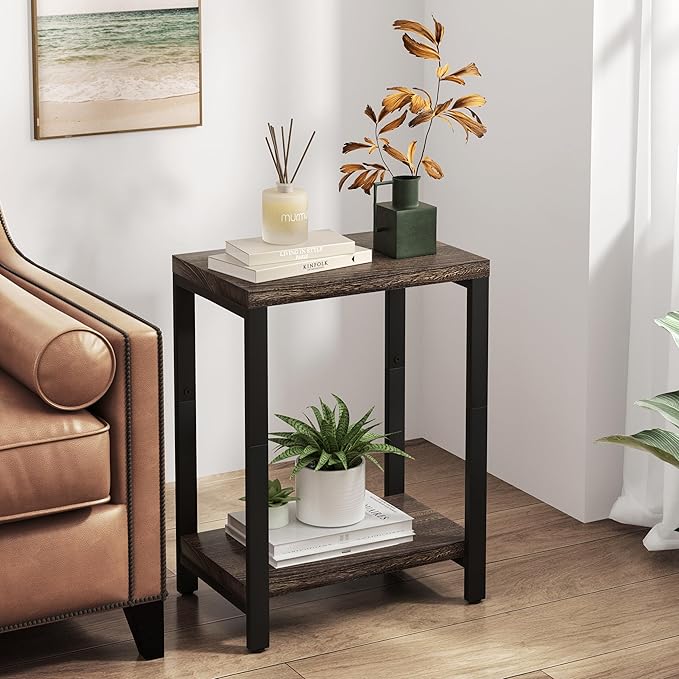 Real Solid Wood End Tables, Side Tables, Small Table with 2-Tier Storage Shelf, Nightstand for Living Room, Bedroom, Office, Bathroom