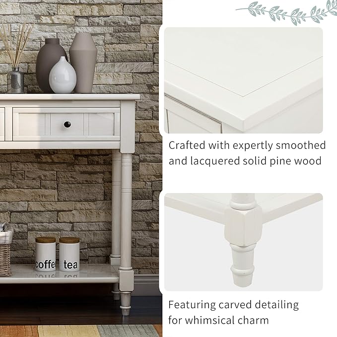 Merax Classic Wood Narrow Console Table with Drawers and Bottom Shelf for Entryway Hallway Front Door Ivory
