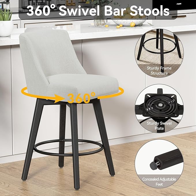 Counter Height Swivel Bar Stools Set of 6, 26 Inch Bar Stools with Footrest, Linen Fabric Upholstered Barstools with Back and Solid Wood Legs for Kitchen Island, Dining Room,Pub,White