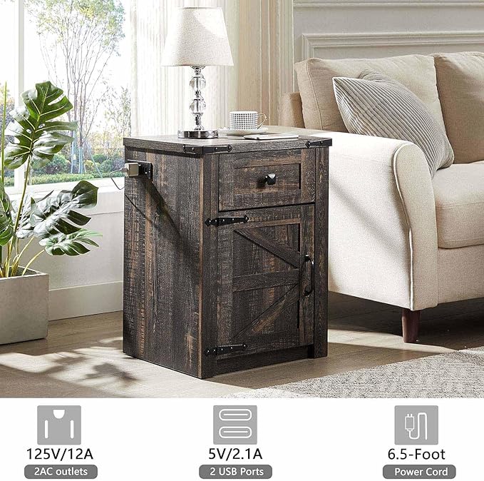 SOOWERY Nightstands Set of 2, Nightstand with Charging Station, Farmhouse End Table with Barn Door and Drawer, Rustic Wood Sofa Side Table for Bedroom, Living Room, Dark Rustic Oak