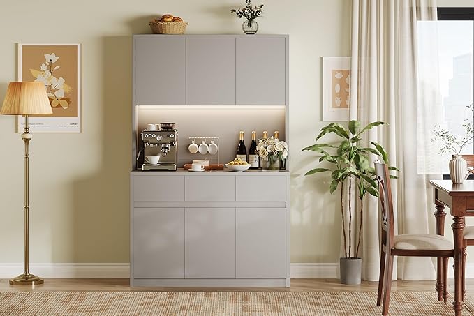 Garvee Kitchen Pantry Storage Cabinet, Tall Storage Cabinet with Doors and Shelves, Kitchen Storage Hutch with Microwave Stand, Led Lights and Charging Station,Corner Pantry Cabinet,Grey