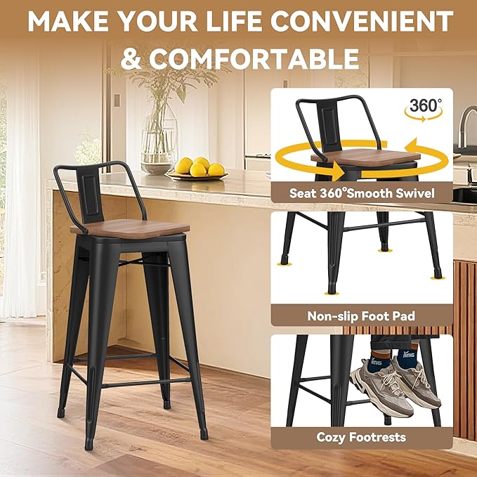 30 Inch Swivel Bar Stools Set of 4 with Backs Counter Height Industrial Metal Barstools Island Bar Chairs for Home Kitchen Dining Room (Swivel 30 inch,Matte Black Wooden)
