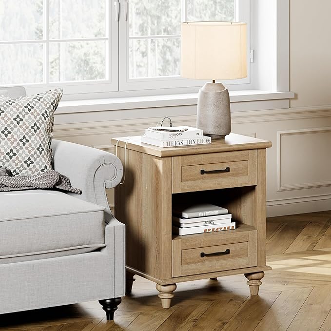 WAMPAT Set of 2 Oak Nightstands Side Tables with Charging Station, Farmhouse End Table with 2 Drawers & Shelf for Living Room, Light Wood Night Stand Bedside Table for Bedroom