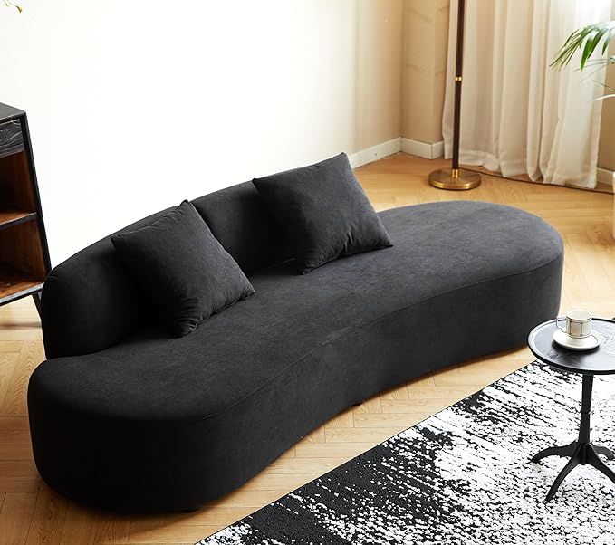 Container Furniture Direct 90" Curved Sofa with Throw Pillows, 4 Seater Luxury Velvet Couch with Half Moon Design and High-Density Foam, Ideal for Modern Living Room, Office & Apartment, Black